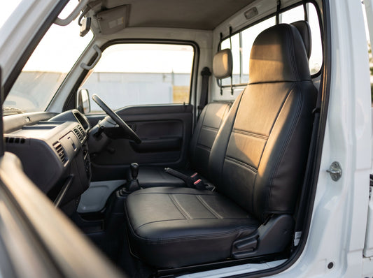 Custom fit Honda Acty seat covers installed on compact Japanese mini truck kei truck cab interior