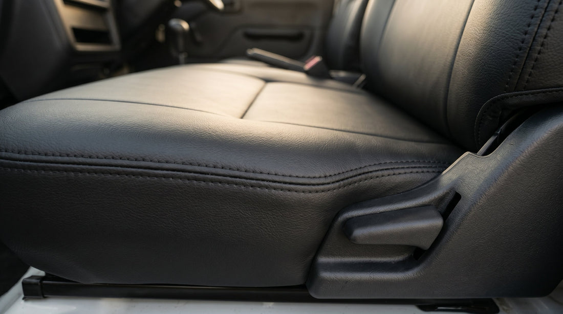 Custom fit Subaru Sambar seat covers installed inside compact Japanese mini truck kei truck cab