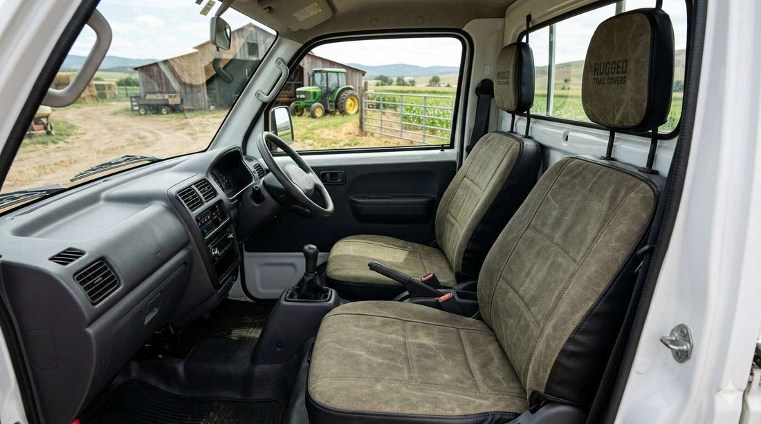 Clean and durable Kei truck seat covers installed in a farm truck interior, showing heavy-duty, water-resistant, and fitted design