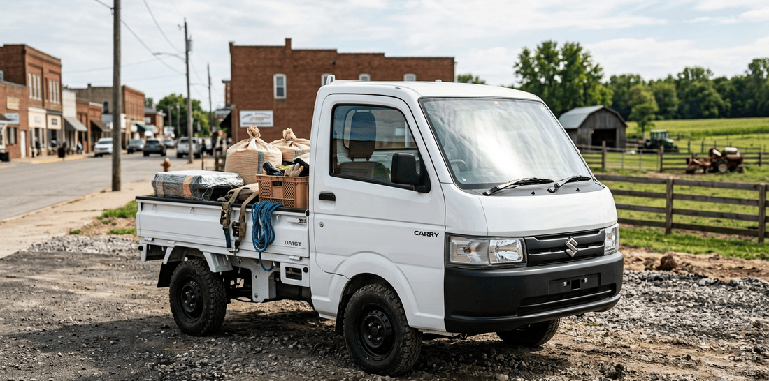 Realistic kei truck parked in a mixed urban and farm setting showing its compact size, versatility, and utility.