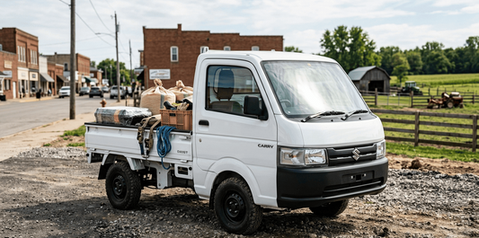 Realistic kei truck parked in a mixed urban and farm setting showing its compact size, versatility, and utility.